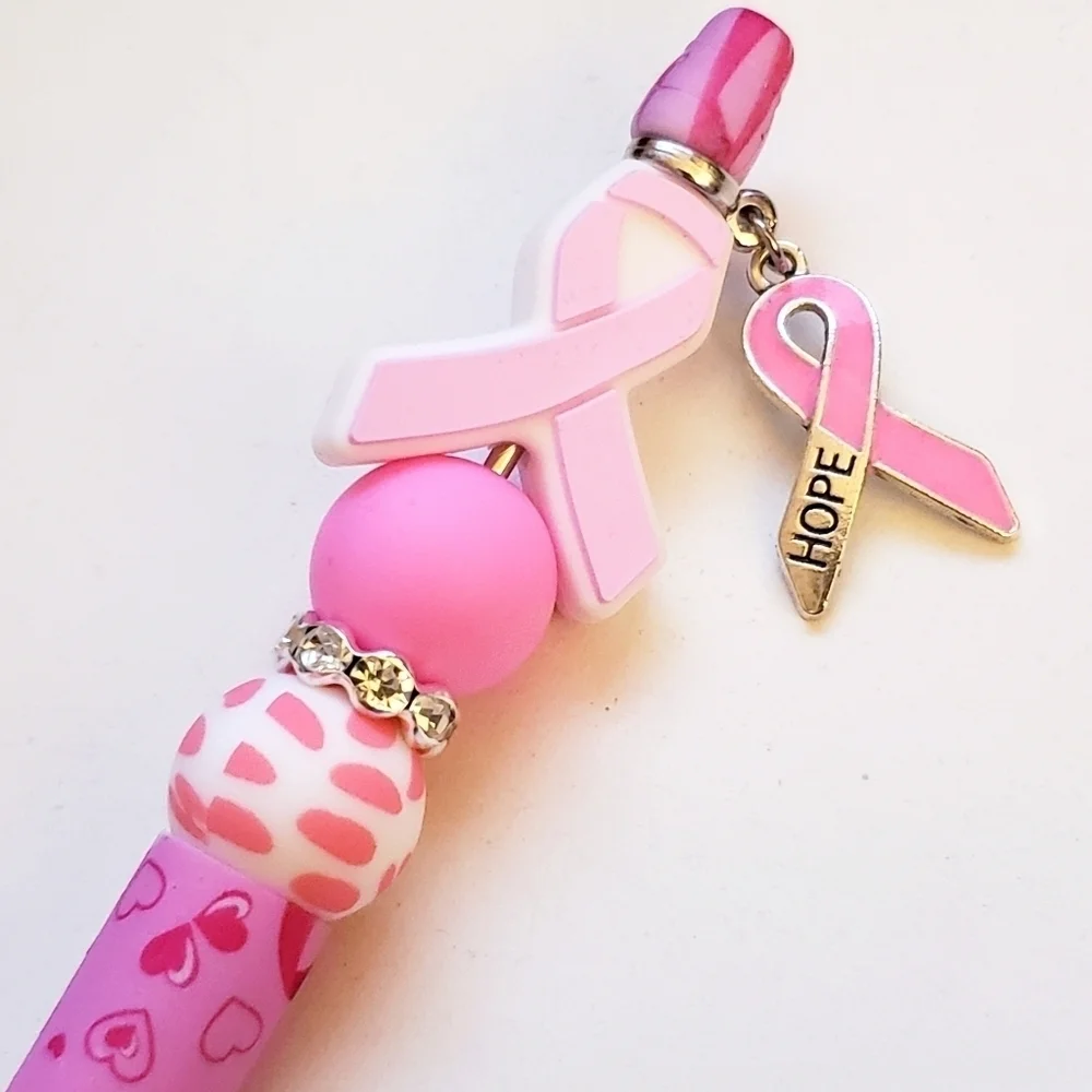 Handmade Breast Cancer Hope Charm Beaded Silicone Focal Bead Pen